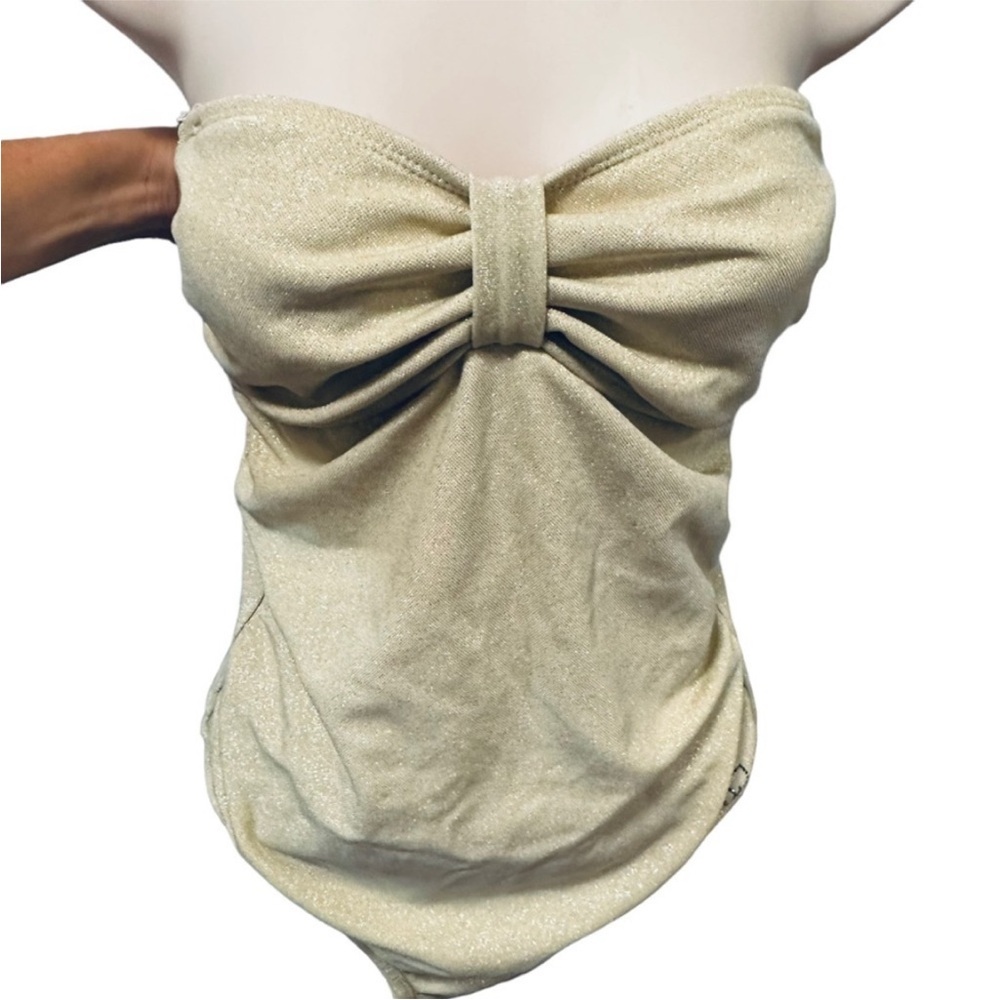 St. John’s Swim Goddess Bandeau Strapless one-piece swimsuit gold shimmer Sze 10 - Picture 2 of 11